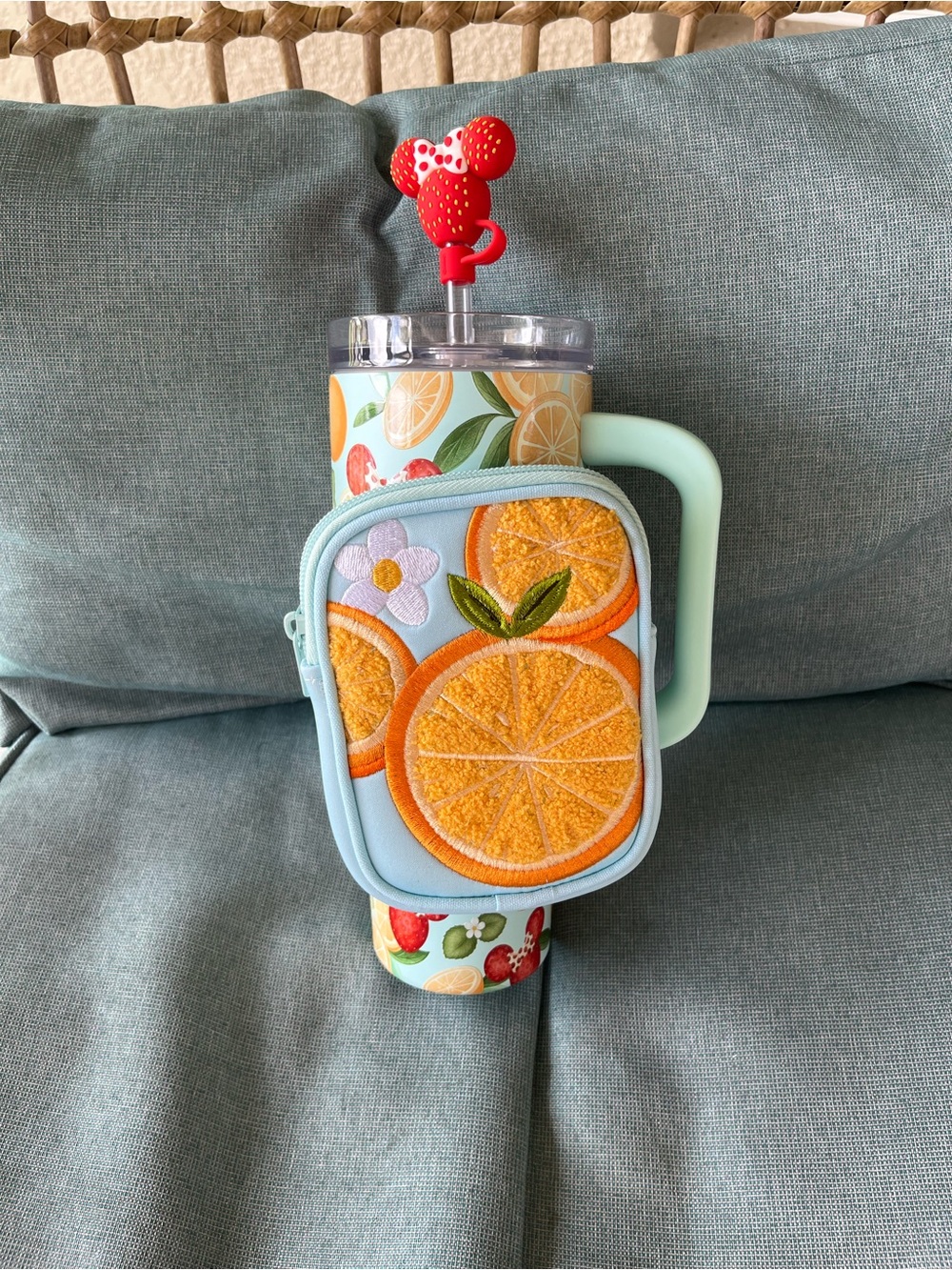 Brand New~Disney~Minnie Mouse Citrus Embroidered Tumbler with Zipper Pouch